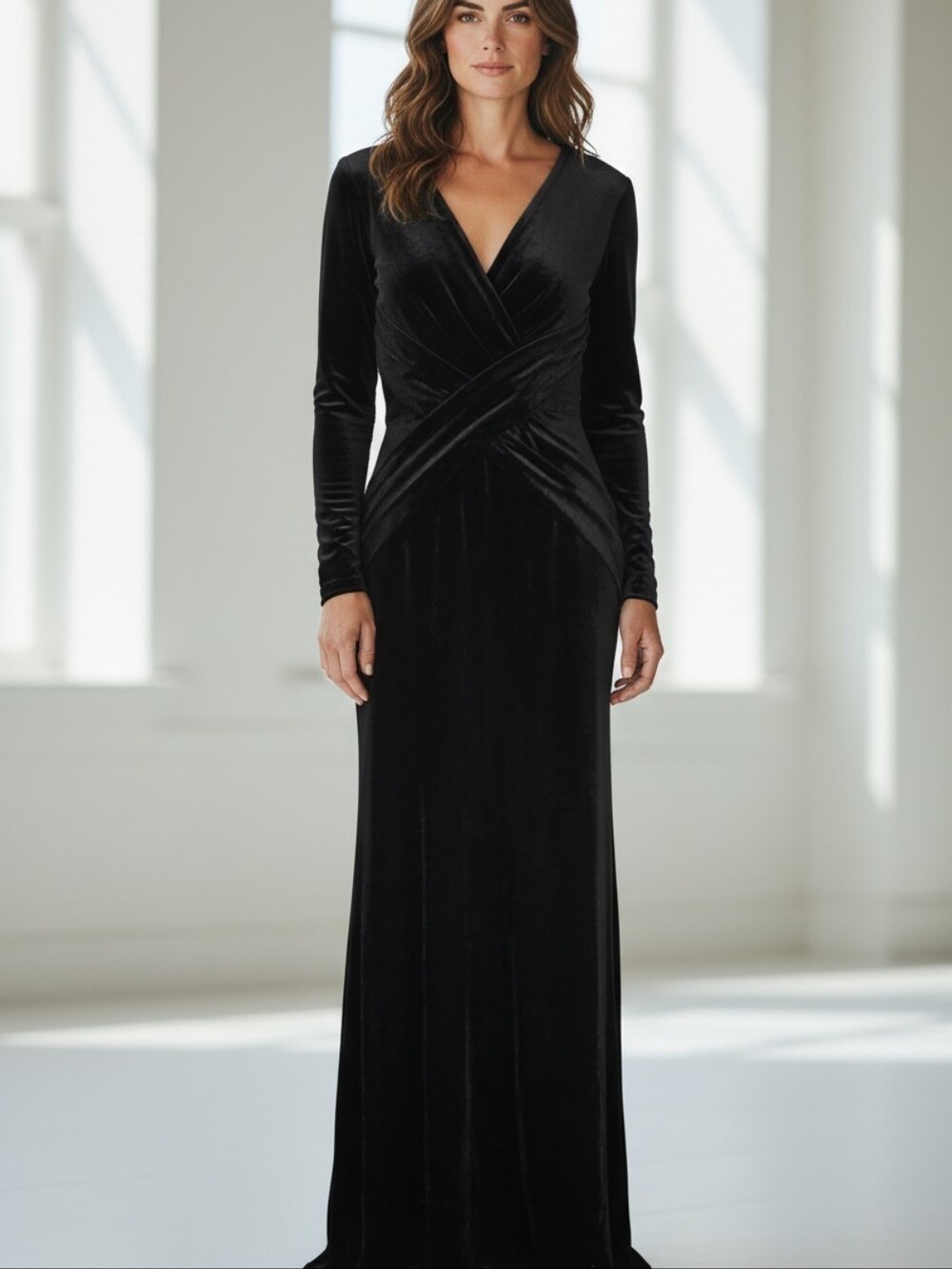 Tadashi Shoji Black Velvet Gown Maxi Dress Long Sleeve Ruched Formal Evening L